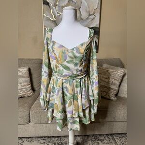 Floral Green and Lavender Long-Sleeve romper